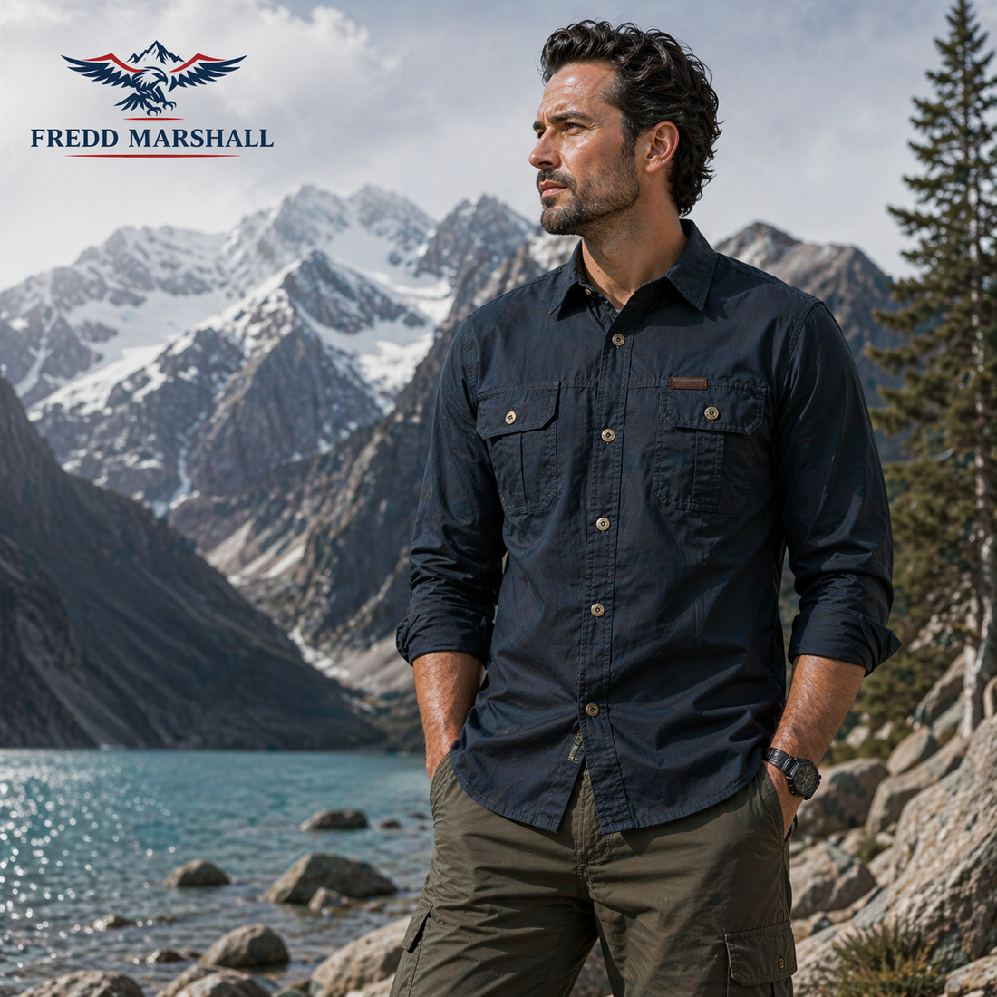 Navy long-sleeve tactical cotton work shirt with reinforced chest pockets and a military-inspired cut