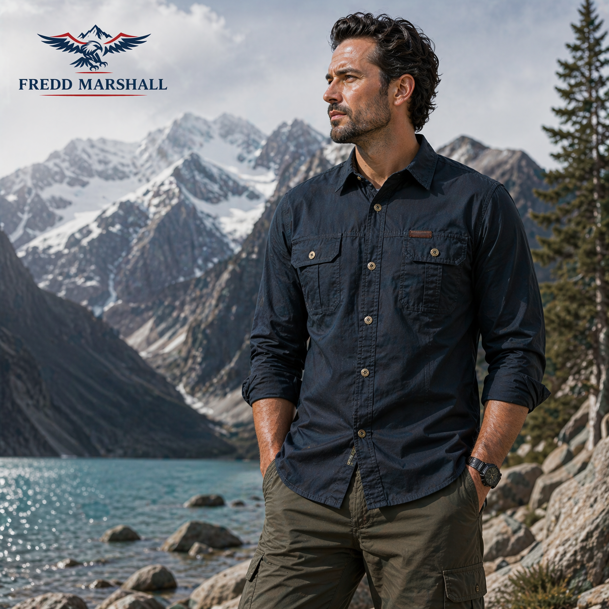 Navy long-sleeve tactical cotton work shirt with reinforced chest pockets and a military-inspired cut