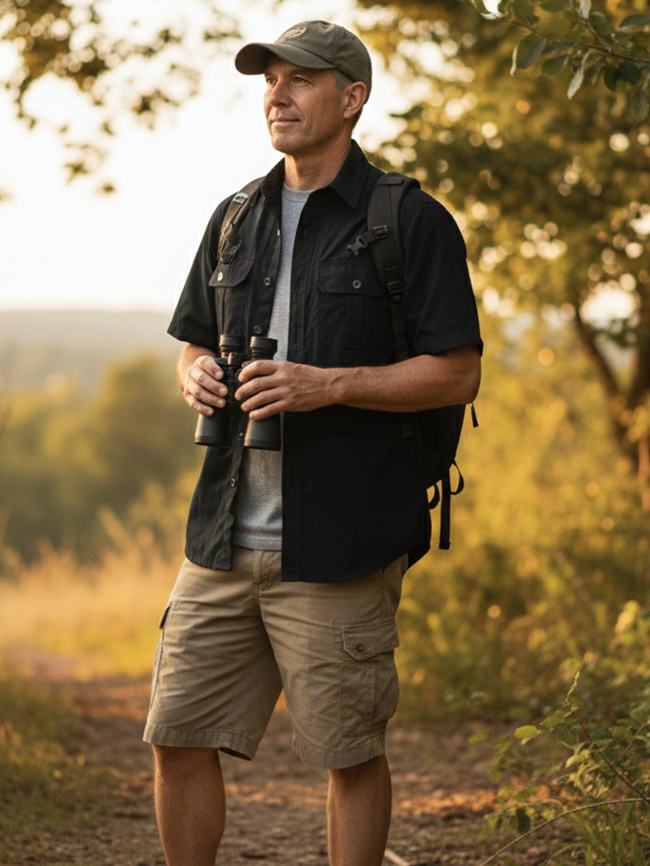 Polyester quick-dry sun shirt, the kind that resists yellow underarm staining better than cotton