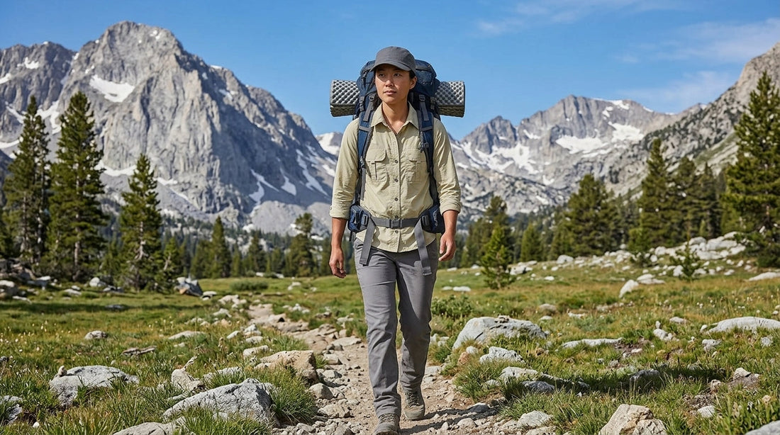Backpacker in a lightweight long-sleeve hiking shirt carrying a loaded multi-day pack on a Sierra Nevada trail