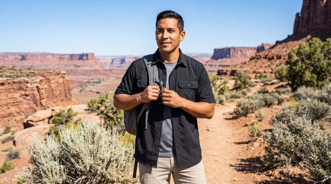 Hiker in an affordable quick-dry outdoor shirt on a sunny Utah high-desert trail