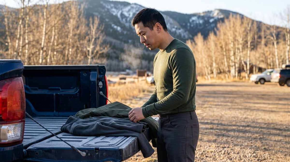 Hiker in a midweight merino wool base layer top at a cold Colorado trailhead, fleece and shell waiting on the tailgate