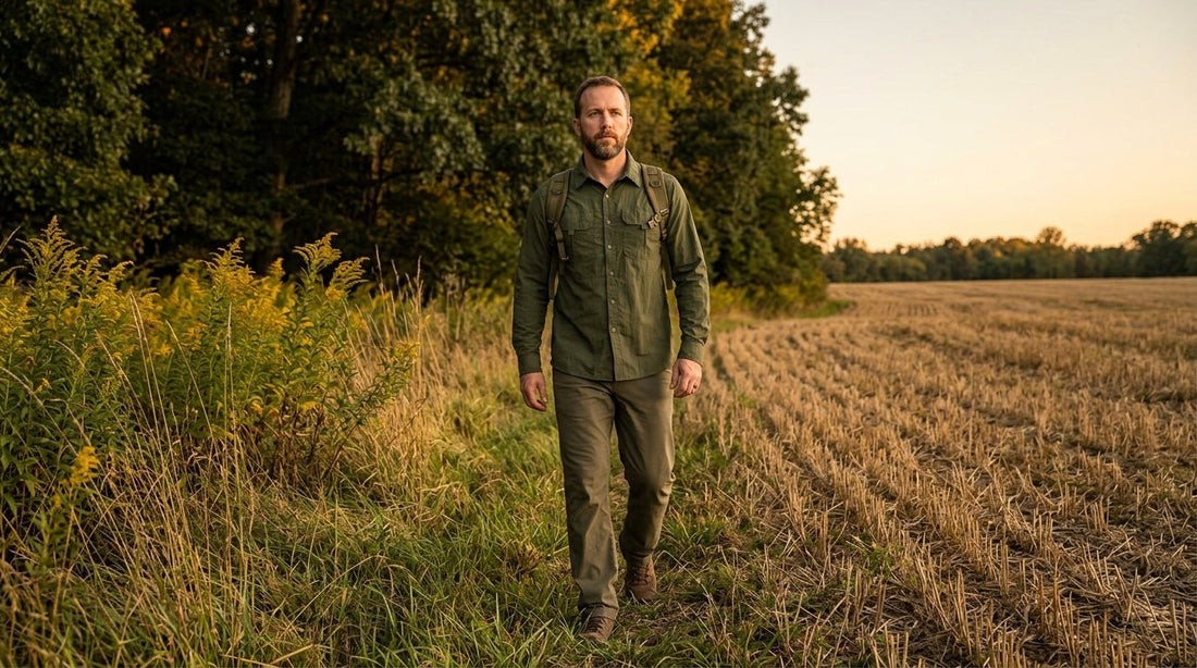 Bow hunter in an olive long-sleeve quick-dry shirt walking a cut soybean field edge at dusk during early archery season