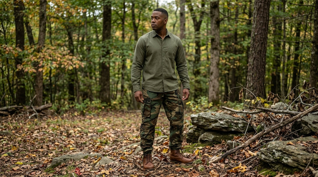 Man in woodland camo cotton ripstop cargo pants and a solid olive field shirt standing in an Appalachian hardwood clearing in October