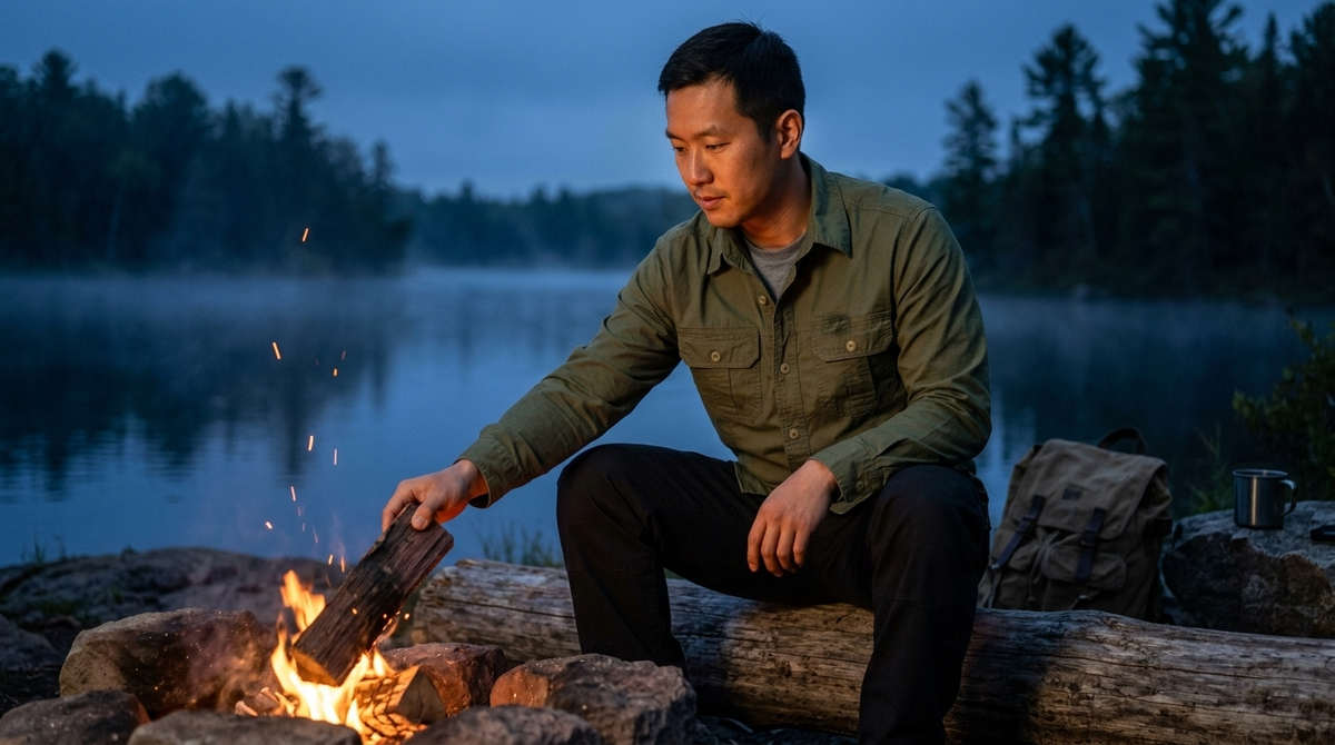 Camper in an army-green cotton field shirt feeding a log into a lakeside campfire in the Minnesota North Woods at dusk, sparks drifting up