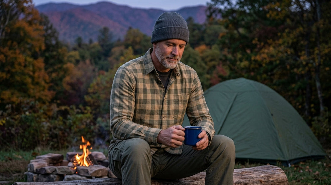 Man in a plaid flannel shirt sitting by a campfire at a Great Smoky Mountains campsite on a fall evening