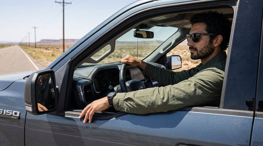 Driver in a long-sleeve sun-protective shirt with his arm on the open truck window in bright desert sun