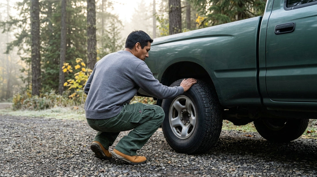 Man in green relaxed-fit corduroy cargo pants squatting beside a pickup truck at an Oregon trailhead to test fit