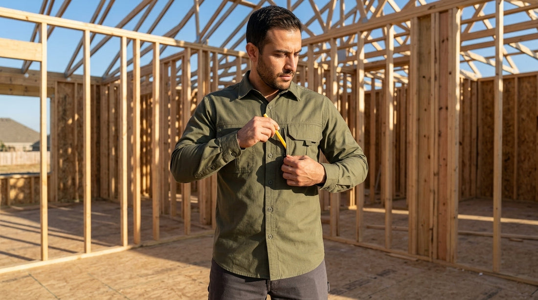 Man on a Texas framing site sliding a pencil into the side-entry flap chest pocket of an olive utility work shirt
