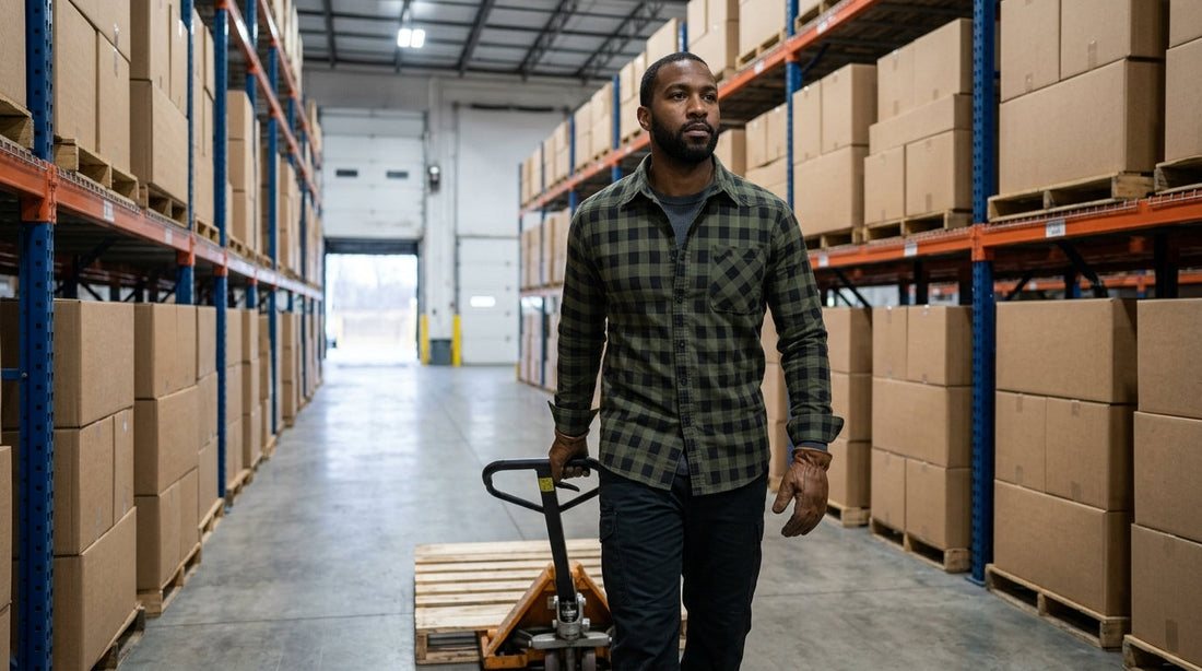 Man in a green plaid flannel shirt over a thermal base layer pulling a pallet jack in a cold warehouse aisle
