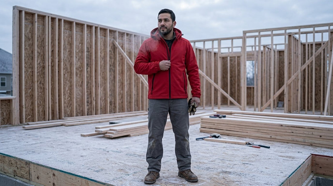 Construction worker in a fleece-lined softshell jacket venting the front zipper on a frosty jobsite in cold weather