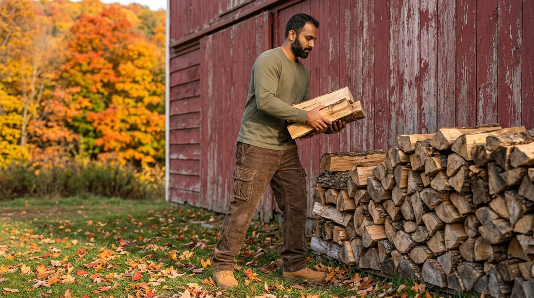 Man in coffee-brown corduroy cargo pants stacking firewood by a red barn in Vermont in October