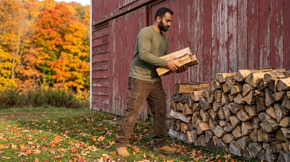 Man in coffee-brown corduroy cargo pants stacking firewood by a red barn in Vermont in October