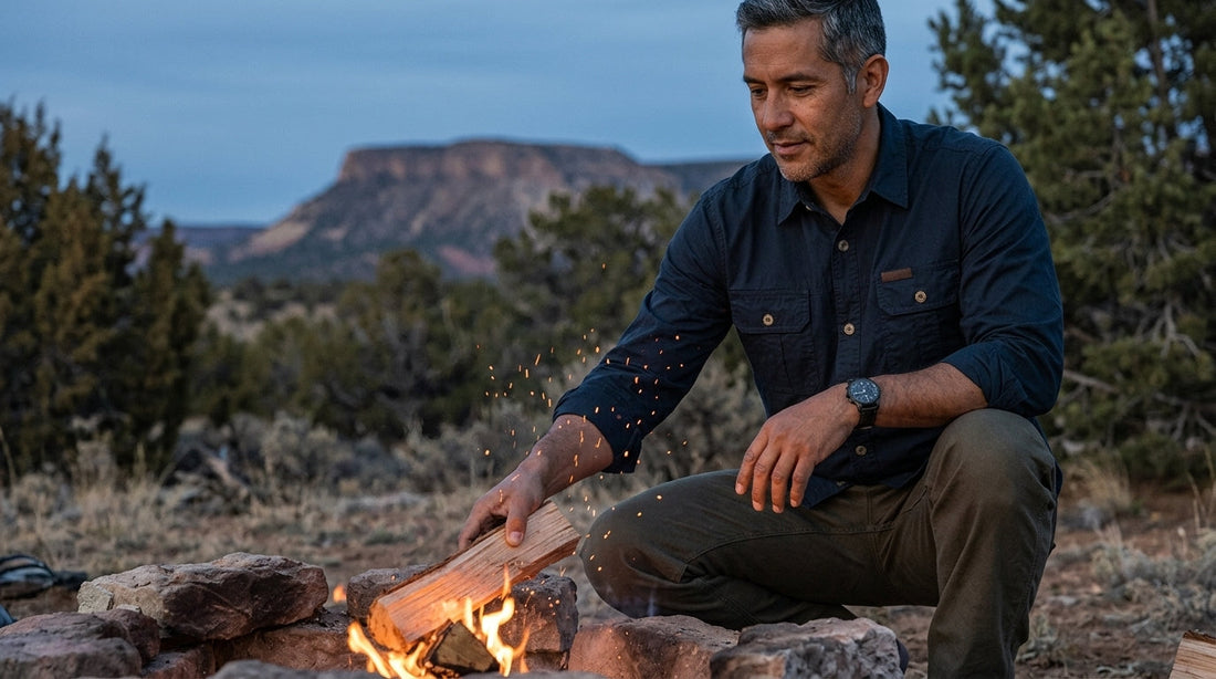 Man in a heavyweight cotton work shirt feeding a log into a campfire at a high-desert camp in New Mexico