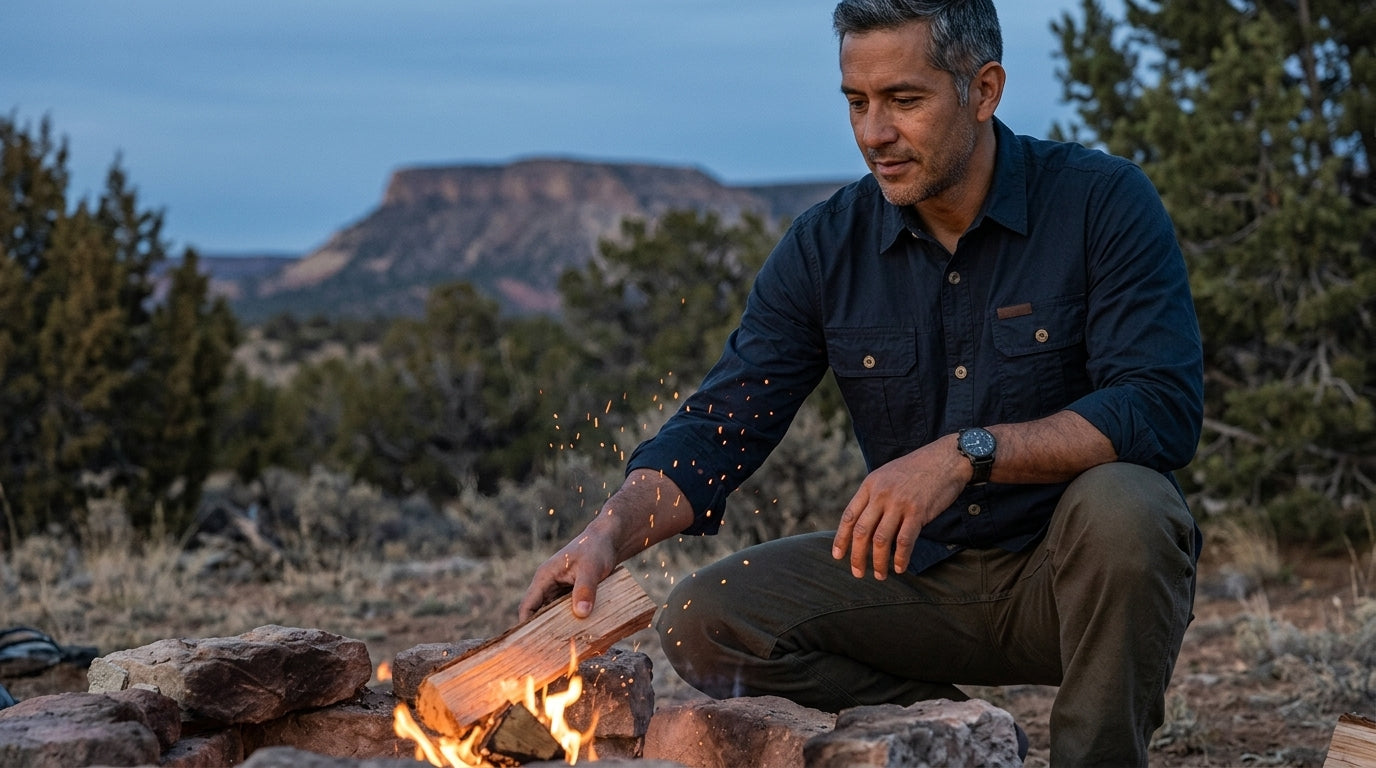 Man in a heavyweight cotton work shirt feeding a log into a campfire at a high-desert camp in New Mexico