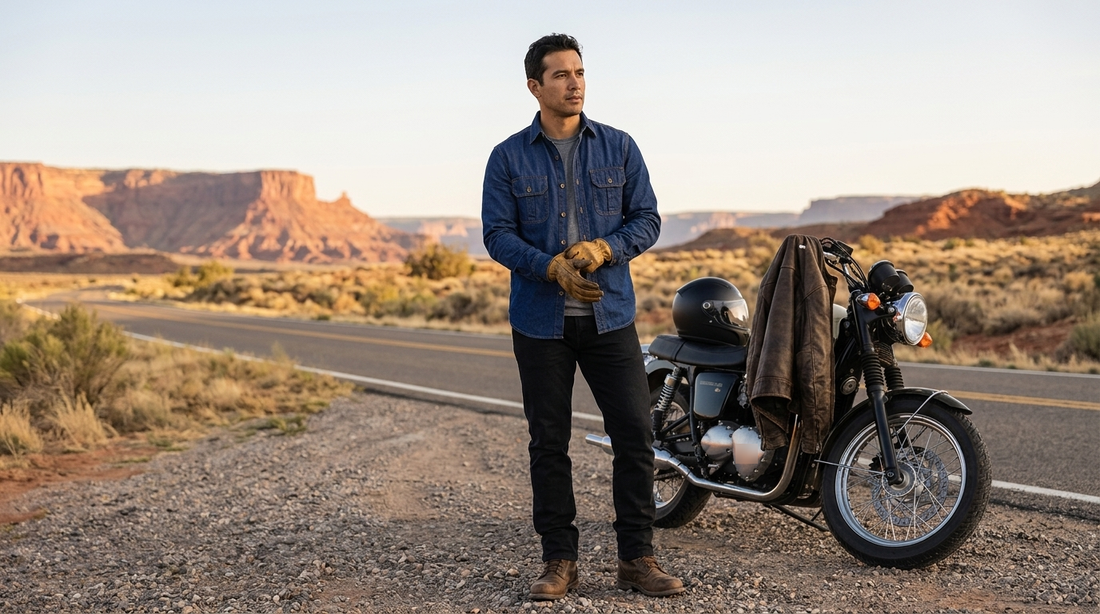 Motorcycle rider in a long-sleeve cotton denim work shirt beside a parked bike at an Arizona highway pull-off