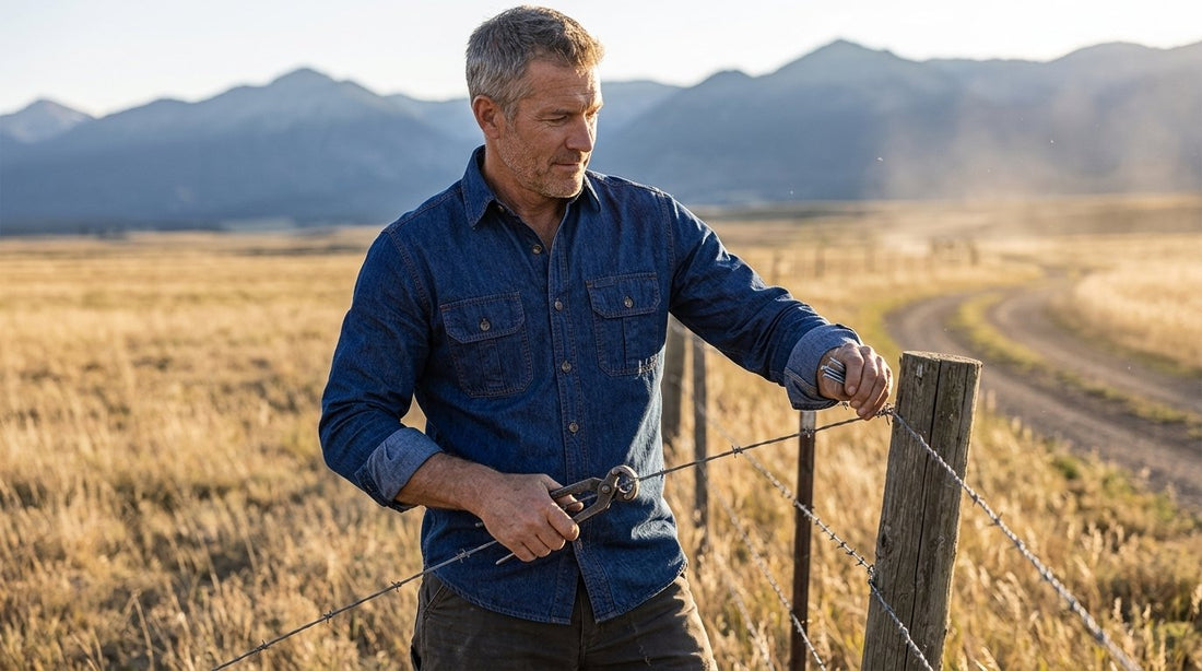 Rancher in a blue cotton denim work shirt repairing a barbed wire fence on a Montana ranch