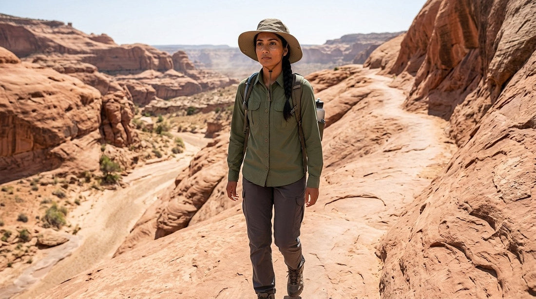 Hiker in a long-sleeve sun-protective shirt and wide-brim hat on a slickrock desert trail in Utah red rock canyon country at midday