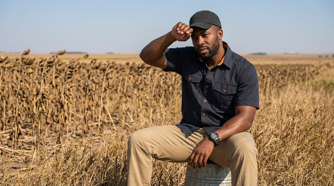 Hunter in an earth-tone short-sleeve field shirt at the edge of a Kansas sunflower field in September heat