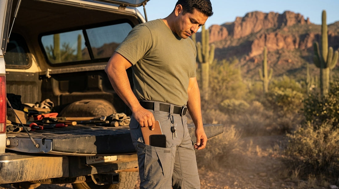 Man loading a phone and notebook into the thigh cargo pocket of tactical ripstop EDC pants at a desert trailhead