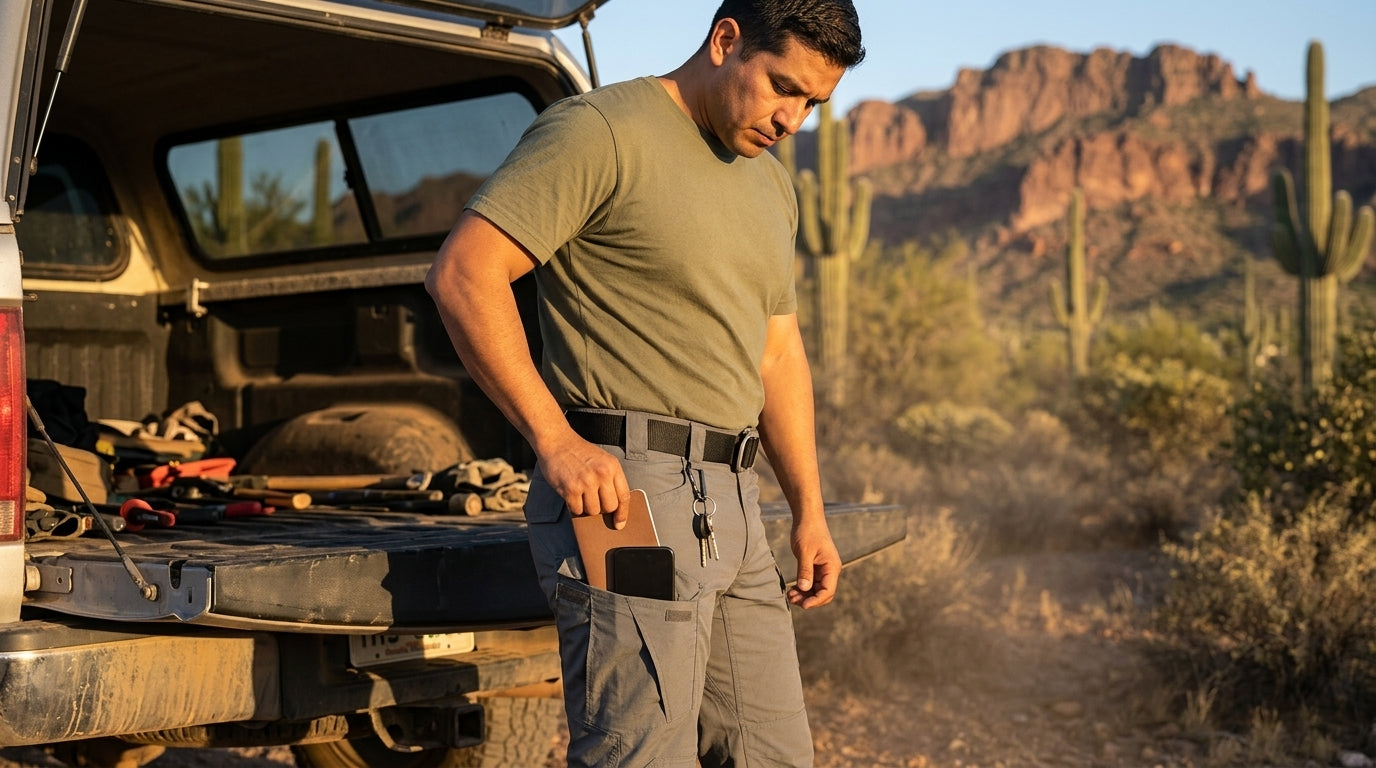 Man loading a phone and notebook into the thigh cargo pocket of tactical ripstop EDC pants at a desert trailhead