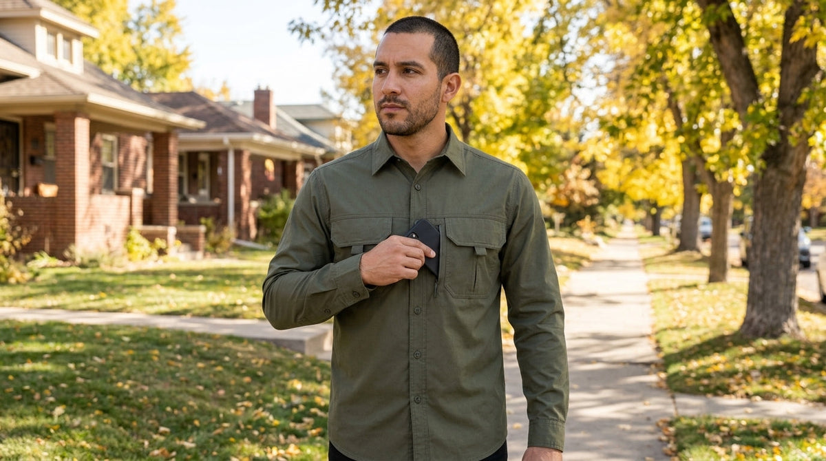 Man sliding a phone into the zip chest pocket of an olive utility work shirt on a Denver sidewalk in fall