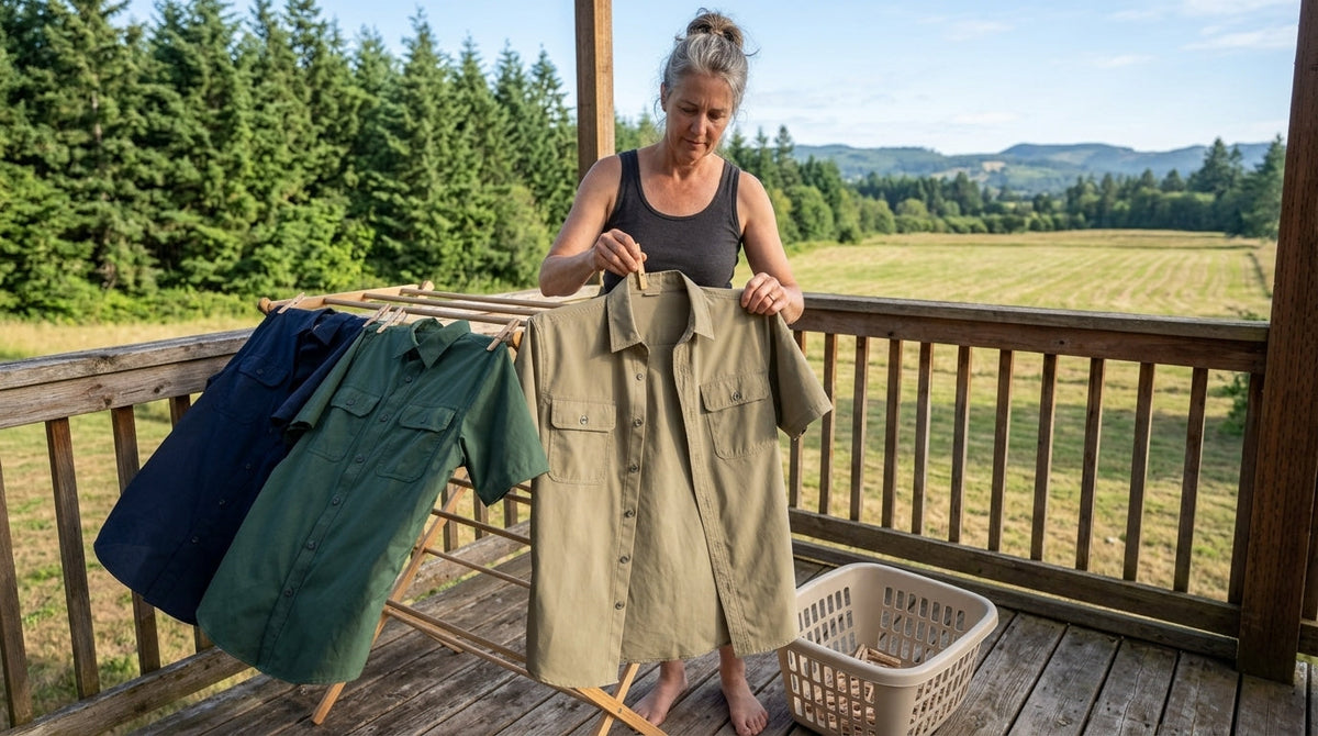 Hanging quick-dry technical shirts on a porch drying rack instead of using a hot dryer
