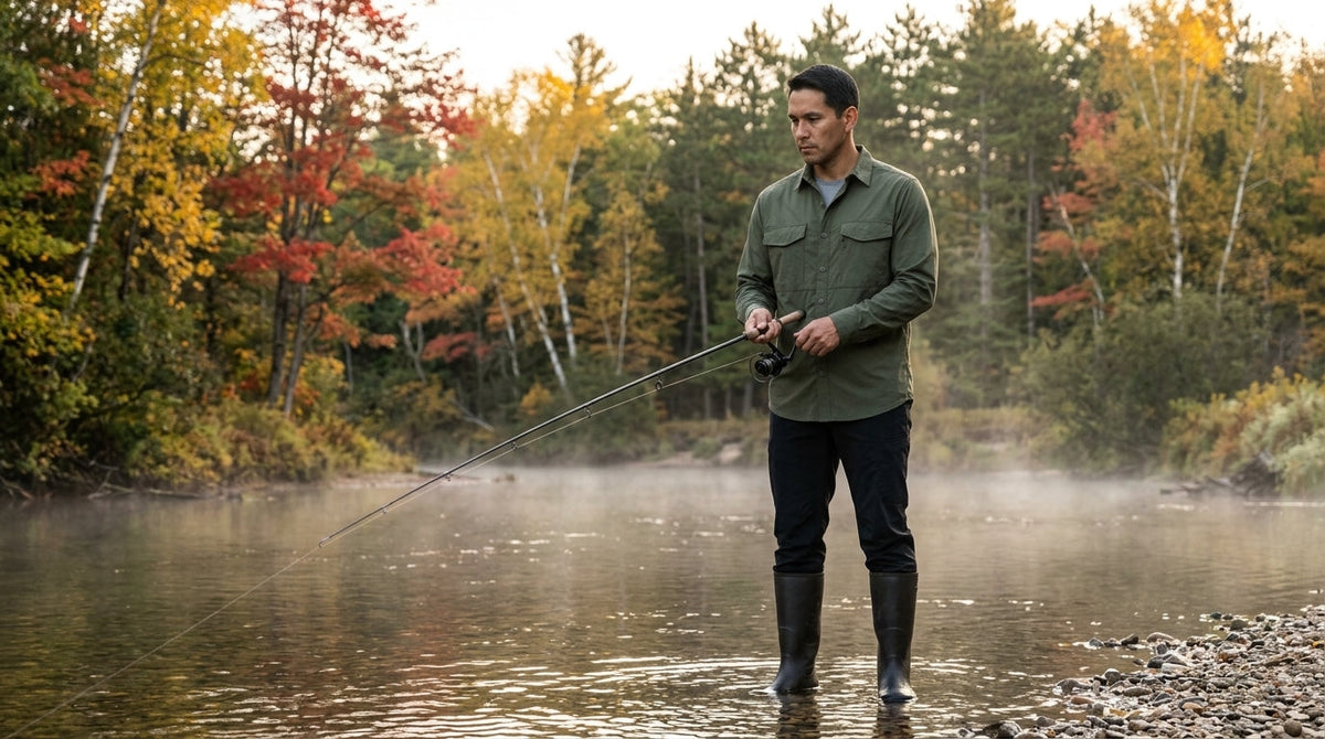 Angler in an olive long-sleeve quick-dry shirt over a gray tee casting on a misty Michigan river at dawn in fall