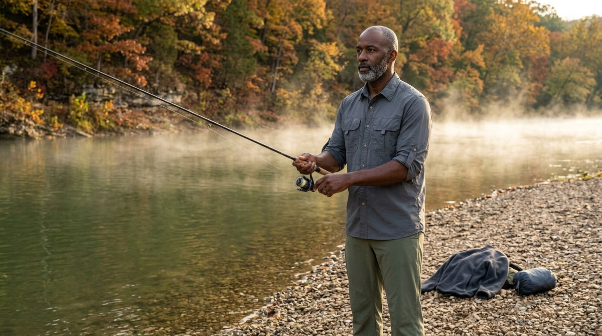 Angler in a grey long-sleeve quick-dry shirt with sleeves rolled, casting on a misty Ozarks river in October with his fleece and shell shed on the gravel bar