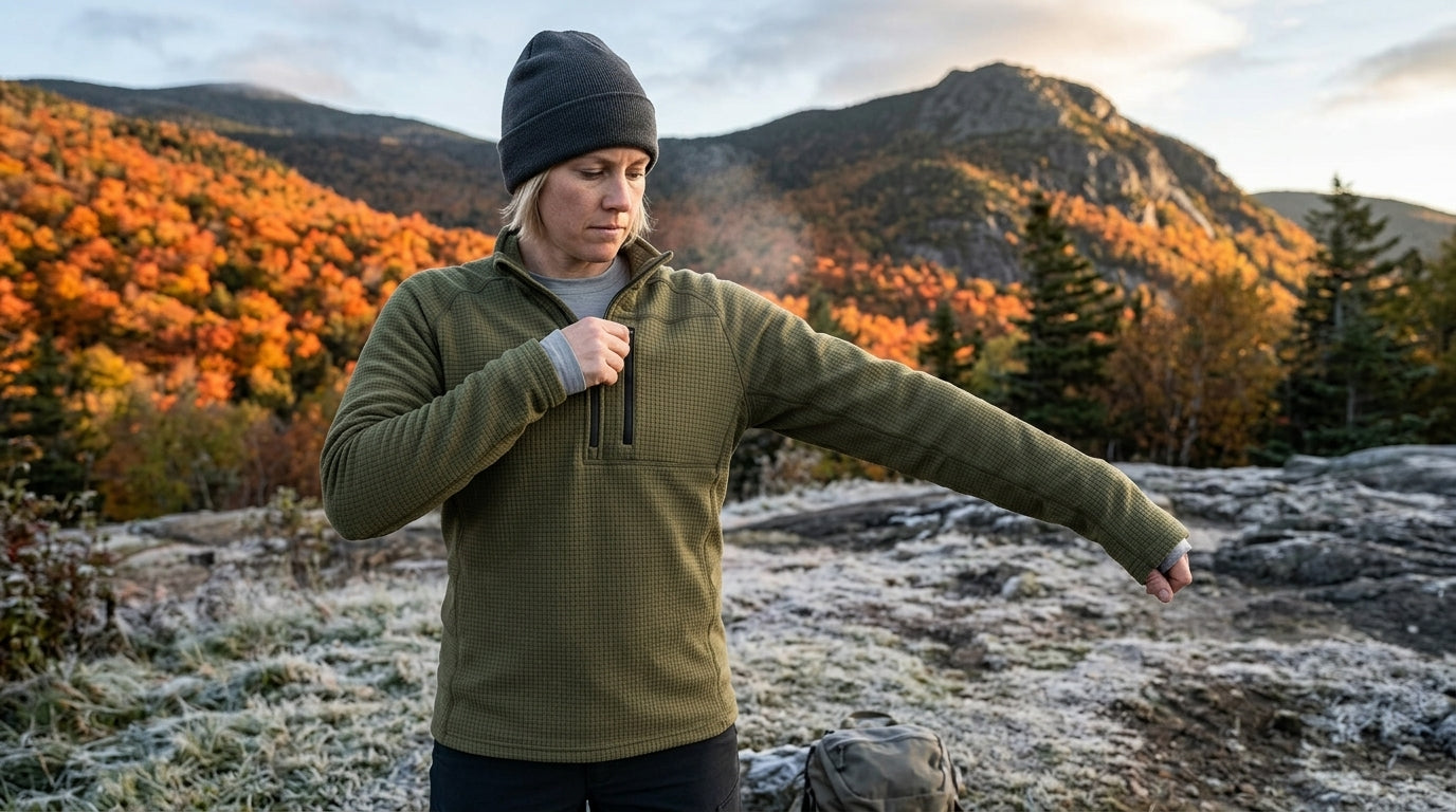 Hiker pulling on a grid fleece mid-layer at a frosty 35F fall trailhead in the White Mountains