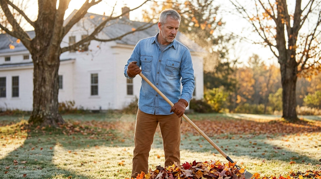 Man raking maple leaves in a light-blue denim work shirt on a frosty October morning - fall yard cleanup clothing
