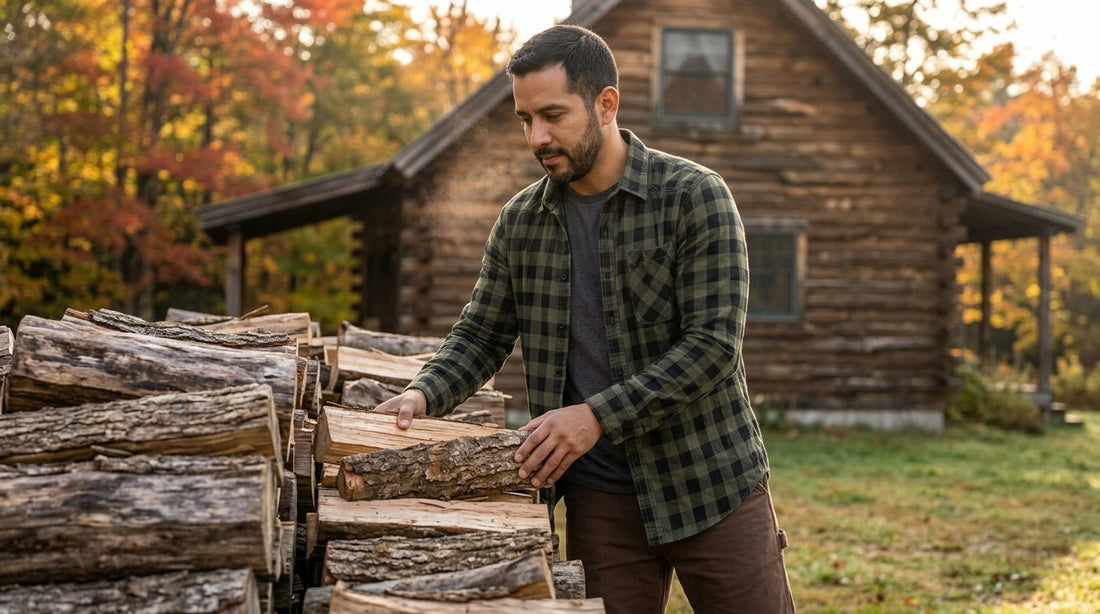 Man in an army green buffalo-check flannel shirt stacking firewood beside a Vermont cabin in fall