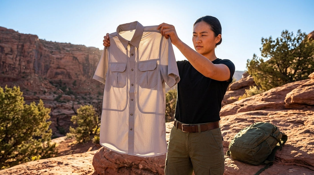 Hiker holding a lightweight quick-dry shirt up to the sun to judge fabric weave density and GSM