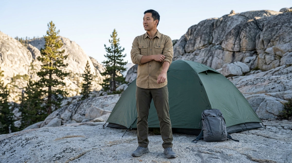 Man in a khaki cotton tactical shirt rolling up a sleeve at a granite backcountry camp in California's Sierra Nevada