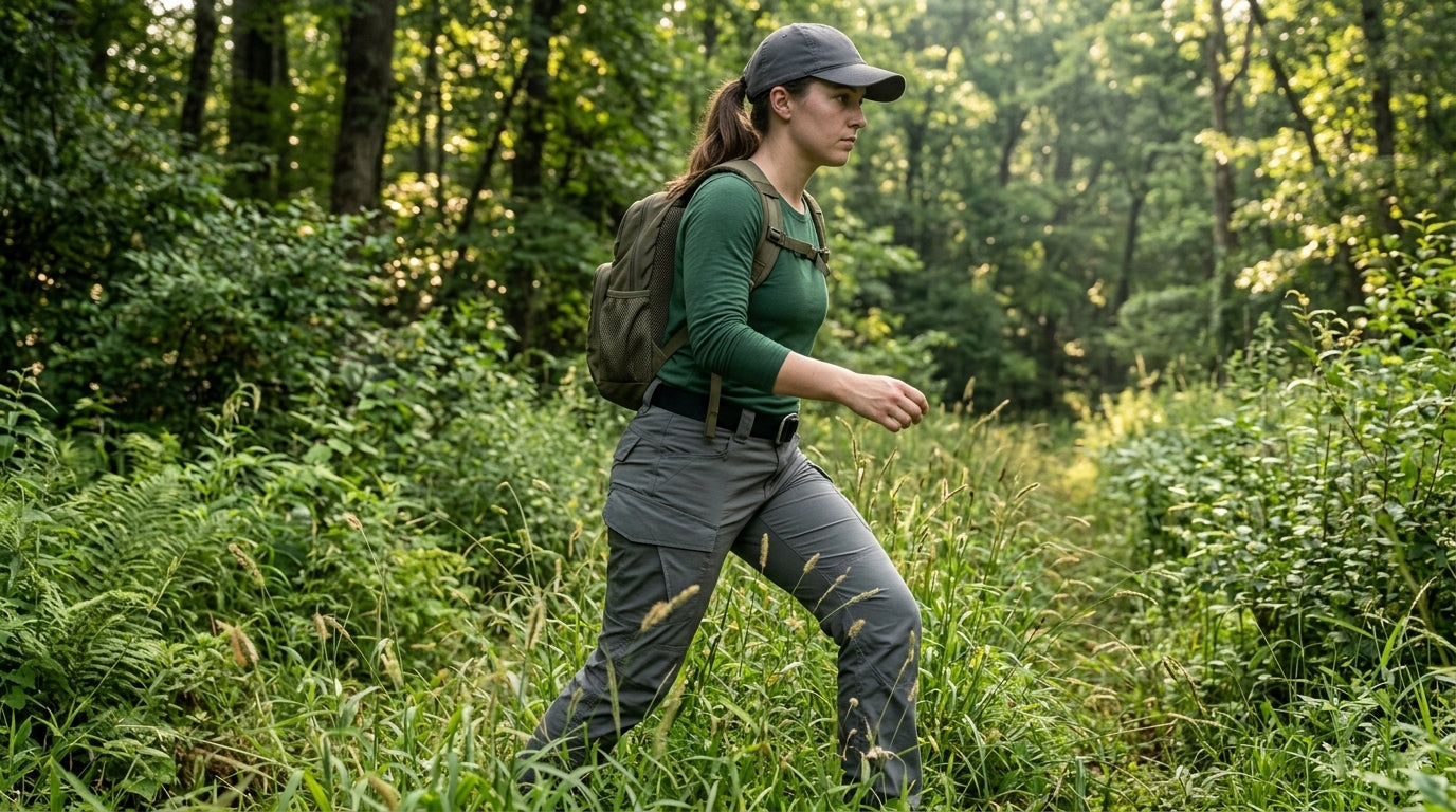 Hiker in ripstop cargo pants pushing through waist-high summer brush on an overgrown Appalachian trail