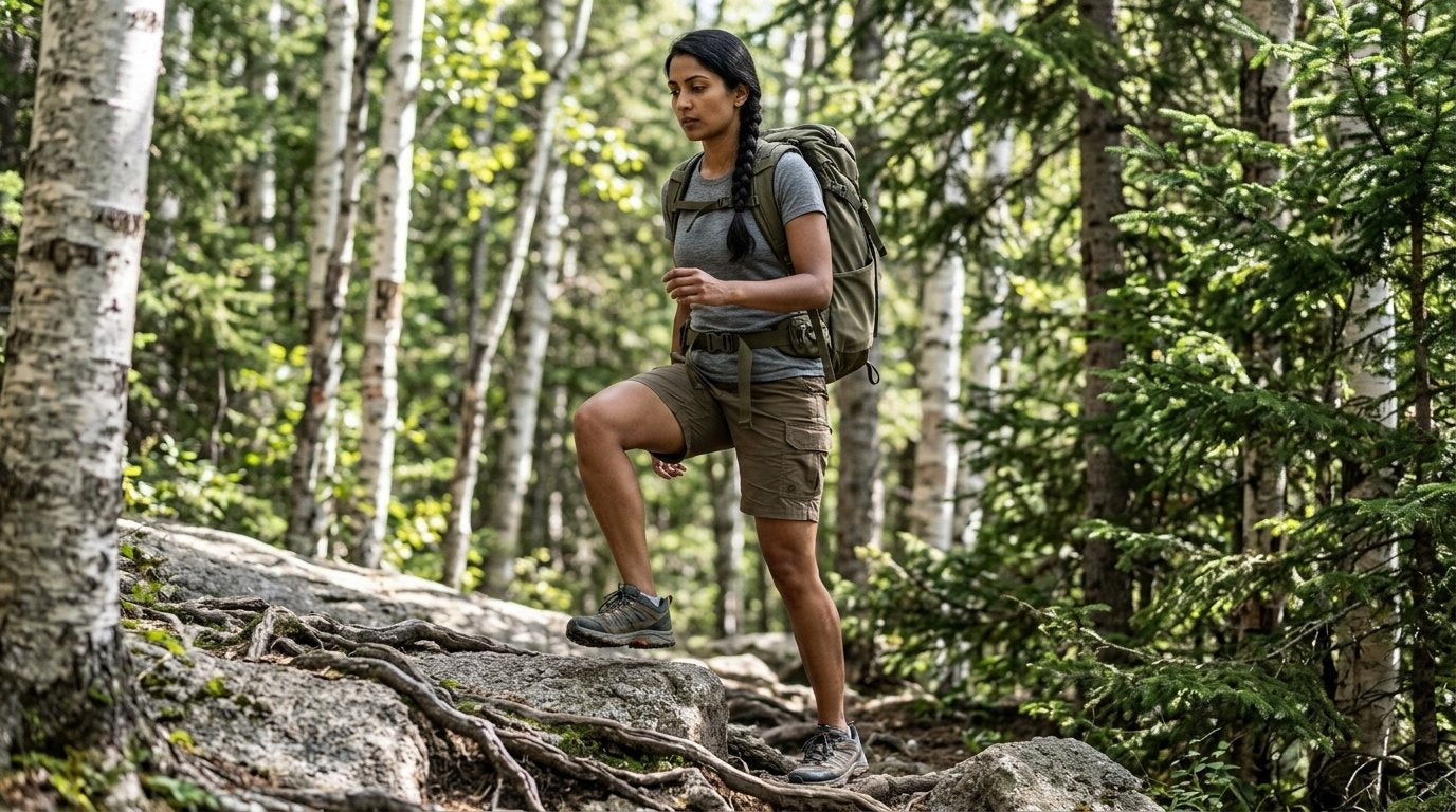 Hiker in lightweight quick-dry hiking shorts stepping up a rocky trail in the White Mountains