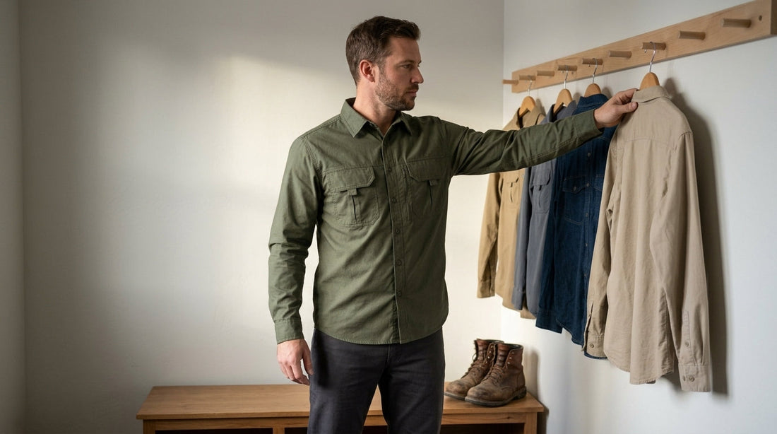Man choosing a work shirt from a peg rail of rotation shirts in a farmhouse mudroom