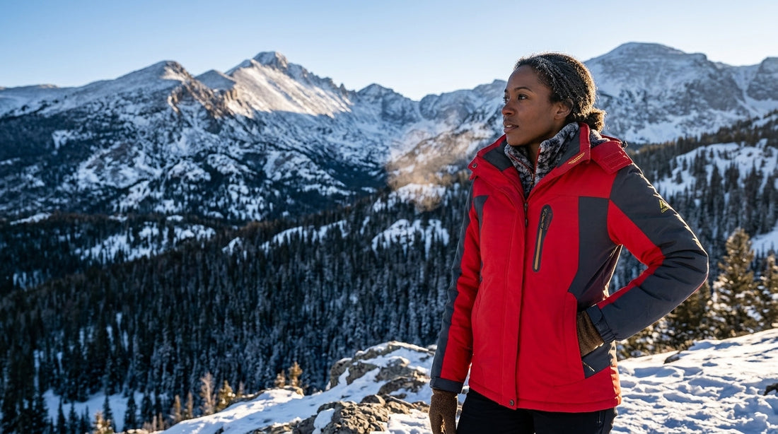 Woman in a hooded softshell shell jacket layering for winter hiking on a snowy Colorado Rockies ridge