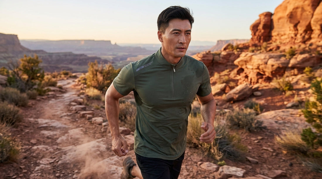 Man trail running in the desert wearing an ice-silk quick-dry half-zip tee