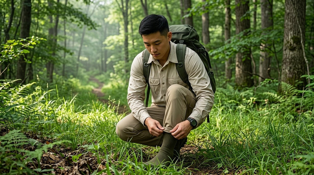 Hiker in a light long-sleeve cotton field shirt tucking a pant hem into his sock at a grassy trail edge in tick country