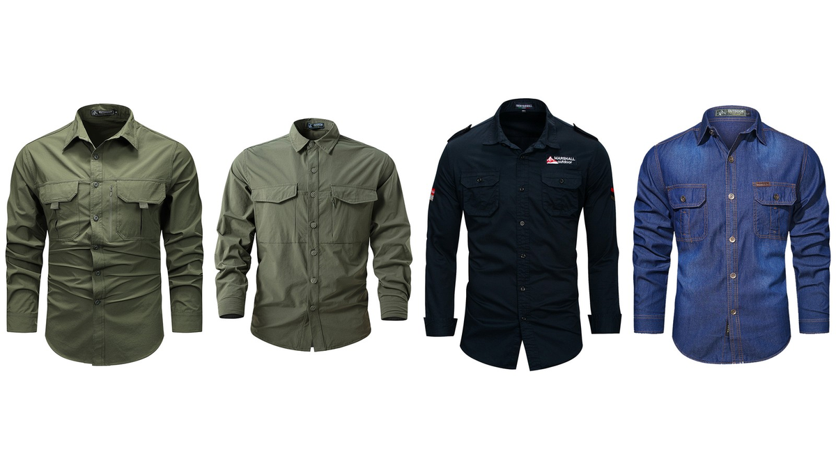 Four long-sleeve men's work shirts for a fall construction site: utility, stretch, tactical and denim
