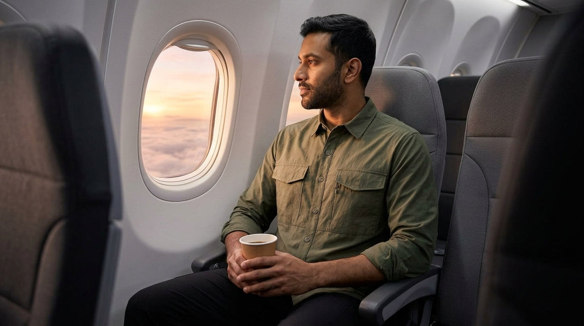 Man in an olive long-sleeve travel shirt holding coffee in an airplane window seat at sunrise on a long flight