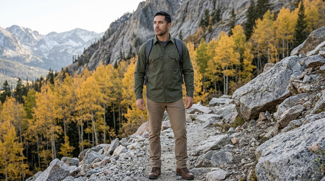 Man hiking a Colorado mountain trail in fall wearing a synthetic army green utility shirt over a base layer