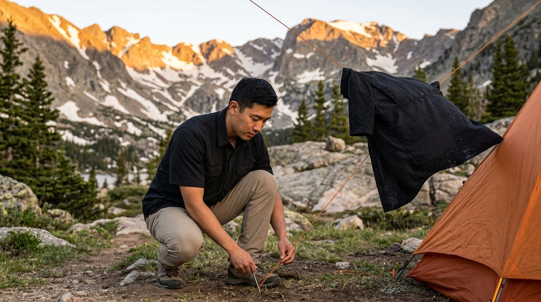 Backpacker in a polyester quick-dry technical shirt at a Colorado Rockies alpine camp, a second shirt drying on the tent guyline