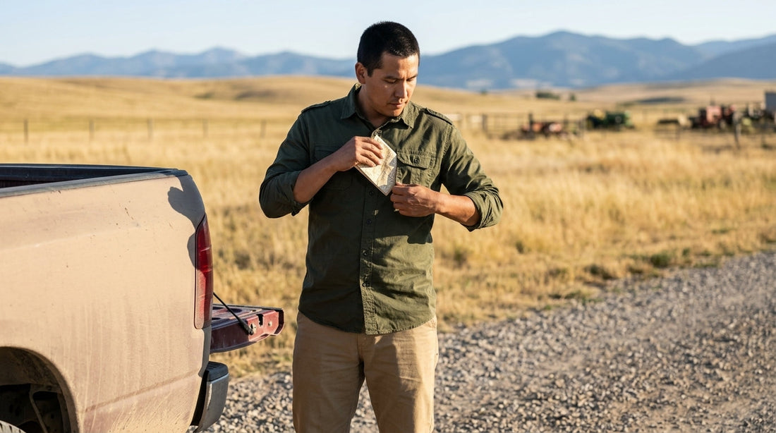 Man sliding a folded map into the button-flap chest pocket of an army green military-style shirt with shoulder epaulettes