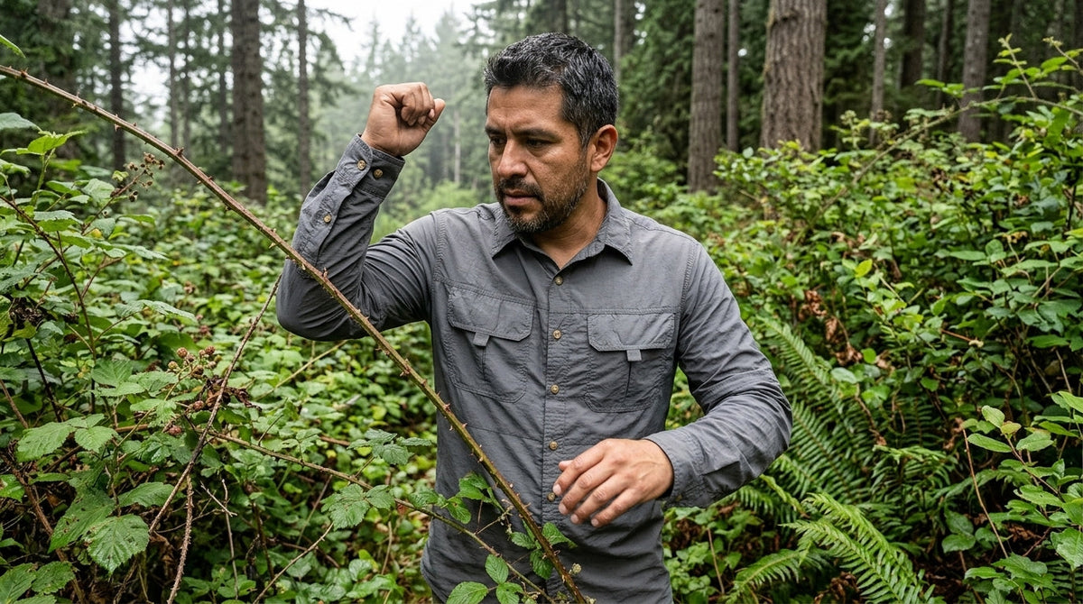 Hiker in a gray nylon long-sleeve technical shirt pushing through brambles on an overgrown Oregon trail