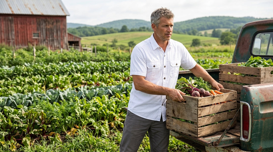Man in an organic cotton short-sleeve field shirt loading produce crates at a small Vermont farm
