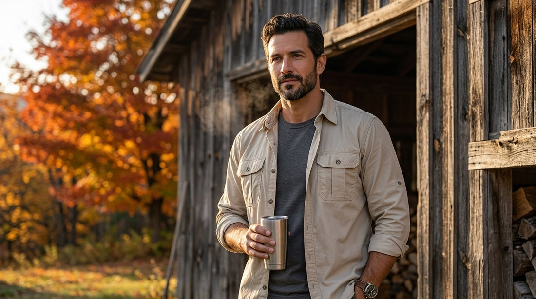 Man wearing a beige cotton overshirt open over a t-shirt beside a barn on an autumn morning in Vermont