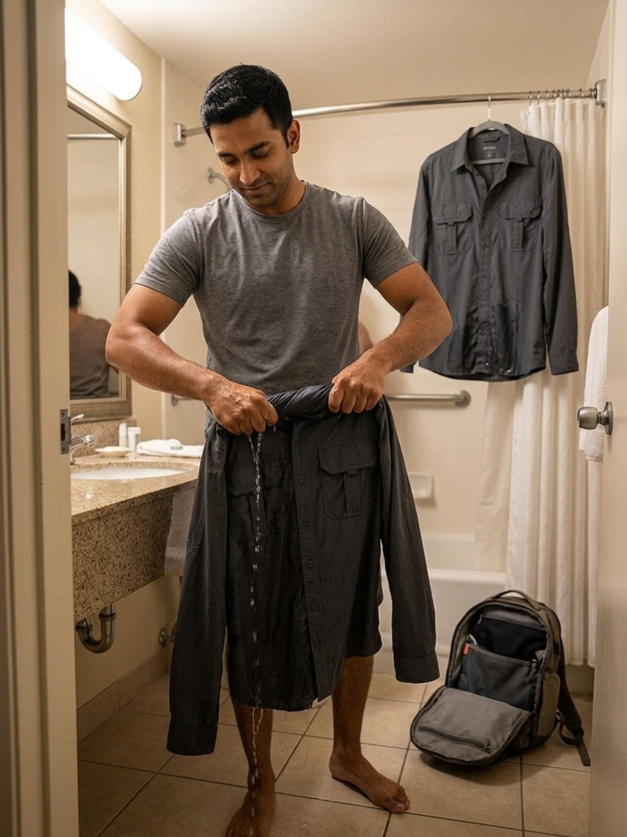 Traveler wringing out a quick-dry technical shirt in a hotel bathroom sink as part of a one-bag packing routine