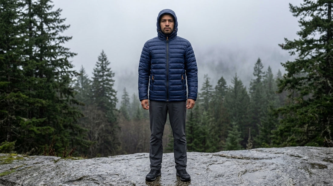 Man in a navy synthetic-fill packable puffer jacket standing in cold drizzle at a Washington Cascades trailhead, water beaded on the shell